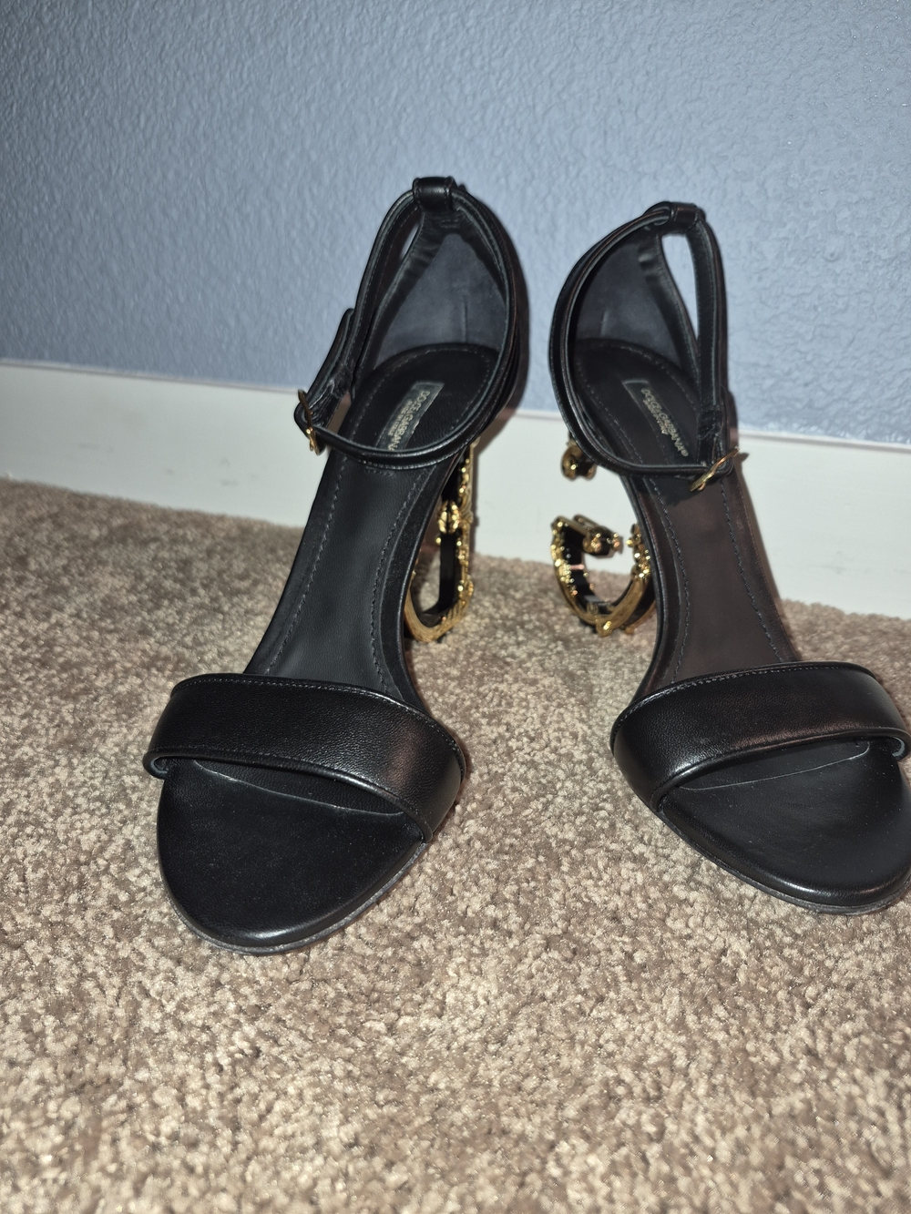 Dolce & Gabbana Black Leather Ankle-Strap Heels with Gold Sculptural Heel